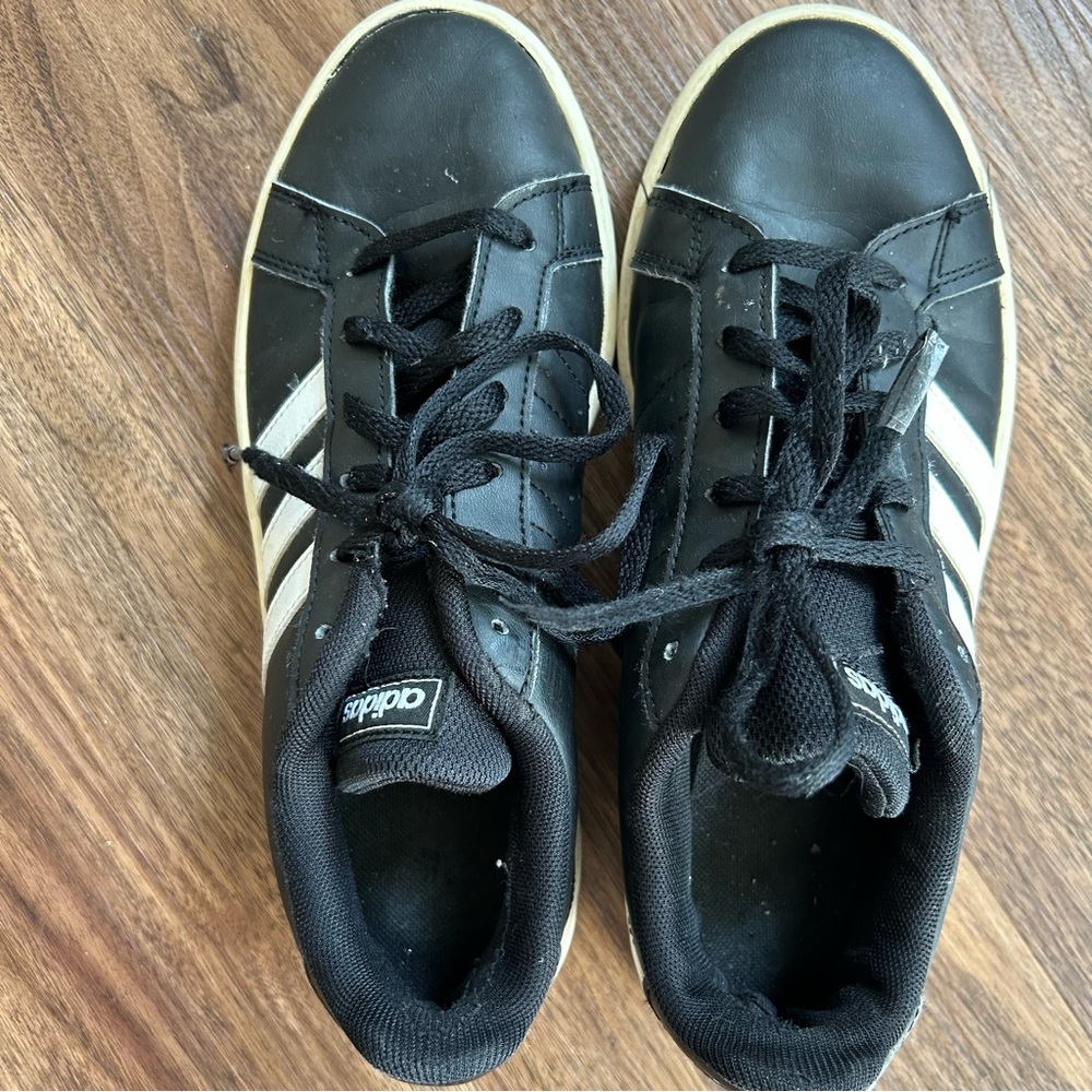 Adidas Logo Stripe Grand Court Sneakers Blokette Trainers Sporty Black Leather 7 - Picture 8 of 12